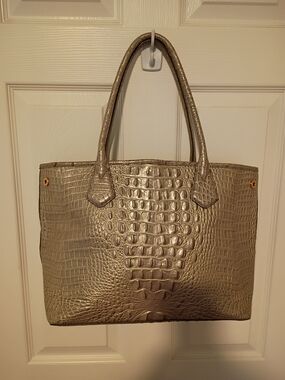 Brahmin Metallic Metallic Taupe  Gold/Silver Croc-Embossed Tote EUC